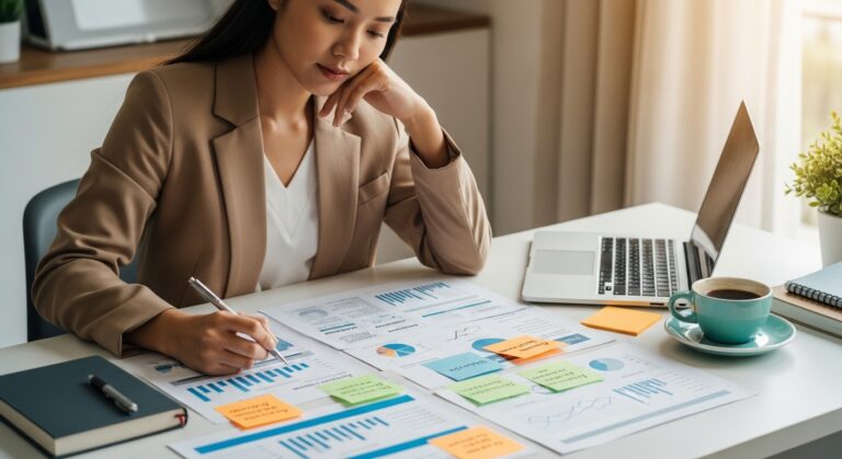 business professional customizing strategy with notes and documents